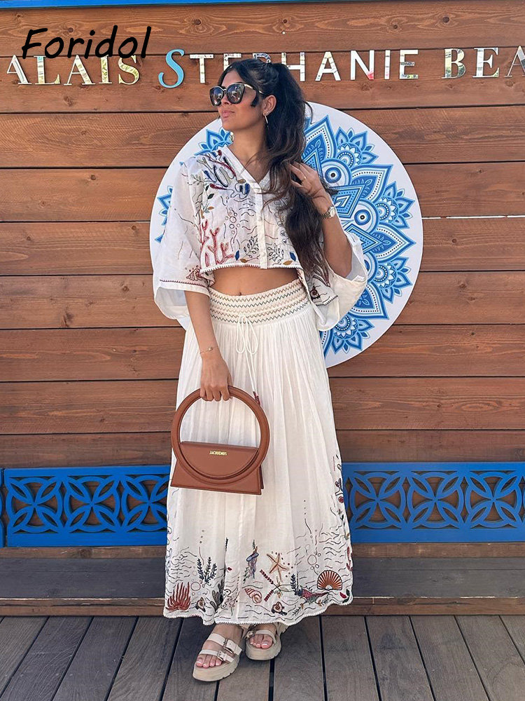 Embroidery White Dress - Foridol الكائنات البحرية التطريز Batwing كم
