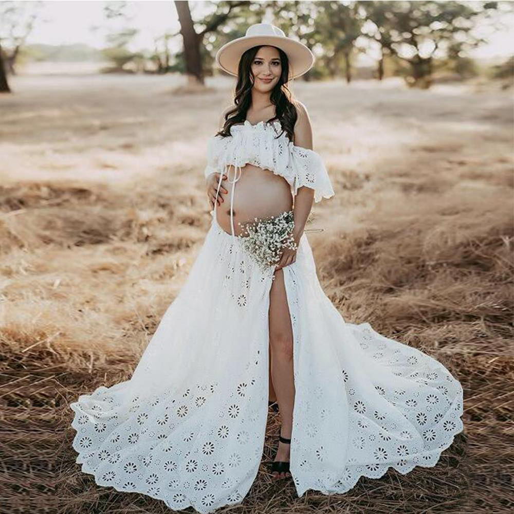 Embroidery White Dress - بالإضافة إلى حجم فساتين الأمومة التقطت