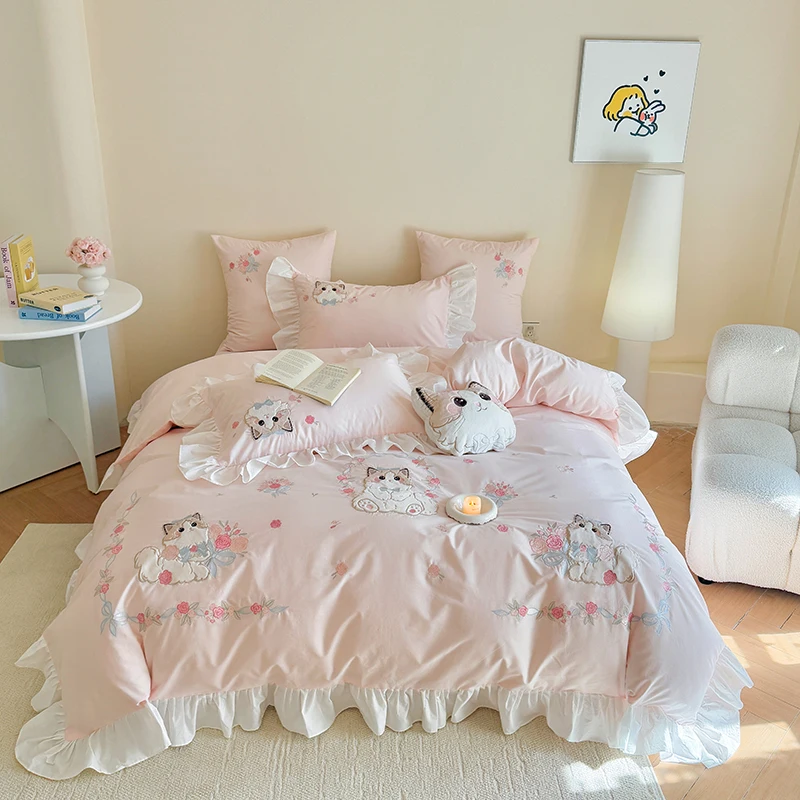 الوردي القطن الخالص لطيف الكرت - مراجعة Embroidery Quilt Cover وسعره